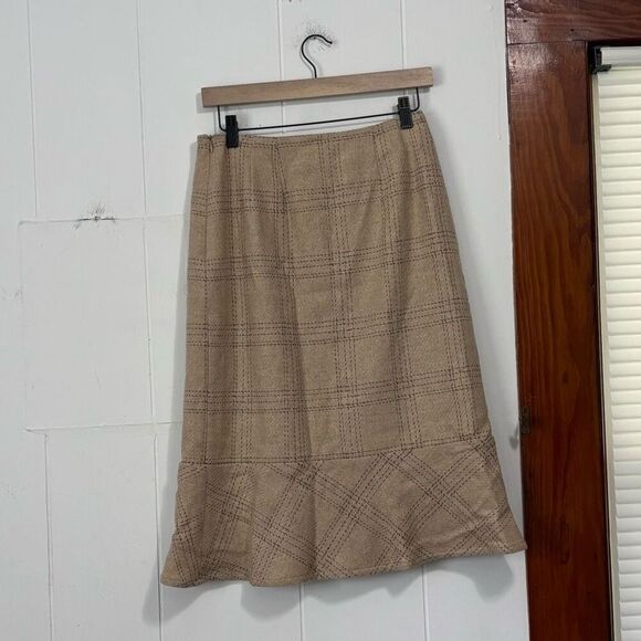 Vintage David N Wool Tan Plaid Ruffle Hem Midi Skirt Size 6 - Picture 2 of 3